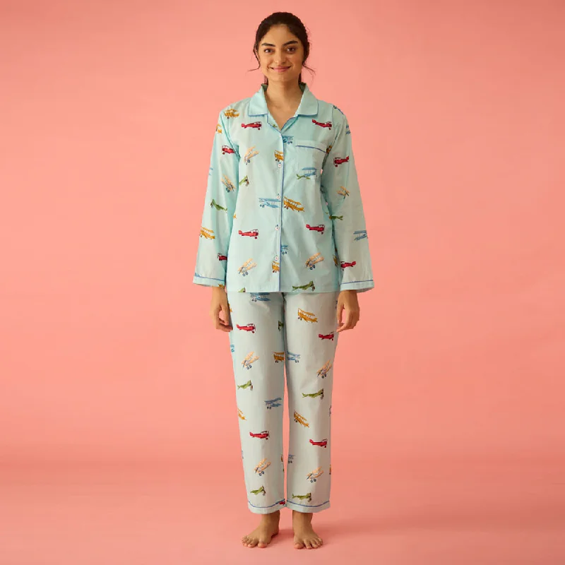 women's pajamas with lace trimWomen Vintage Planes Sky Blue Pajama Set